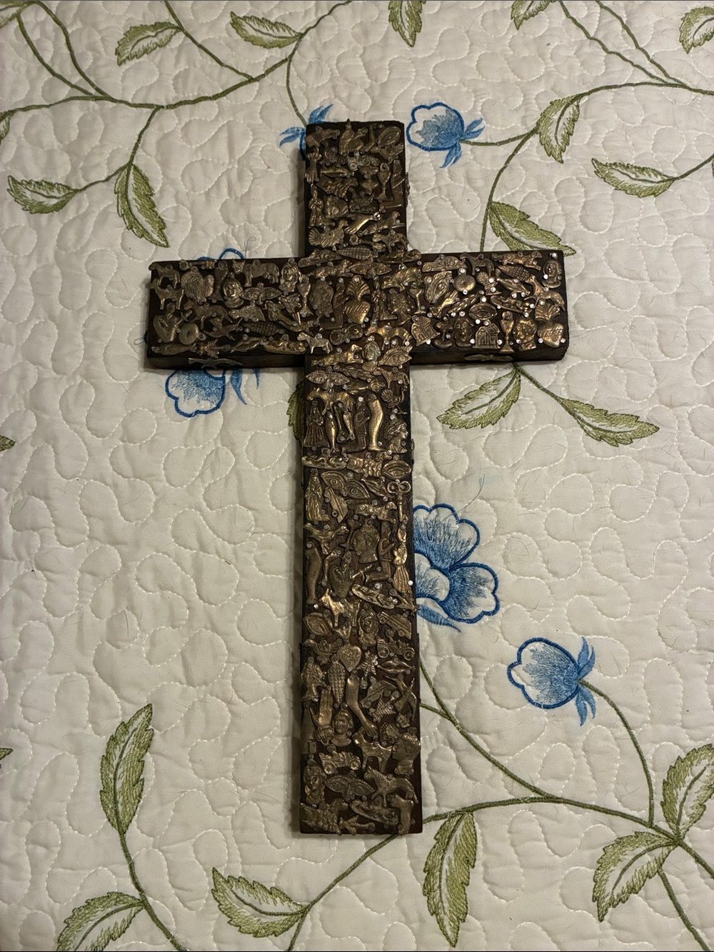 Decorative Metallic Embellished Cross Wall Art - Brass & Wood